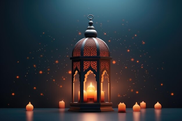 Ramadan Kareem Grußkarte Arabische Laterne mit brennenden Kerzen auf dunklem Hintergrund Arabische Laterne der Ramadan-Feier Hintergrundillustration AI Generated