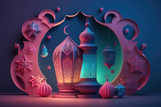 Ramadan Kareem-Grußkarte mit bunten Laternen und Sternen Generative AI