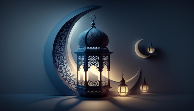 Ramadan Kareem-Grußkarte mit Laternen und Halbmond Generative KI