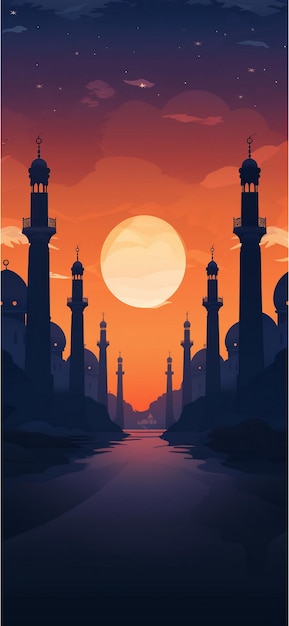 Ramadan Kareem Grußkarte mit Moschee beim Sonnenuntergang