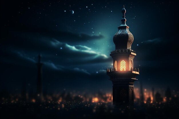 Ramadan-Kareem-Grußkarte mit Moschee und Laterne 3D-Rendering