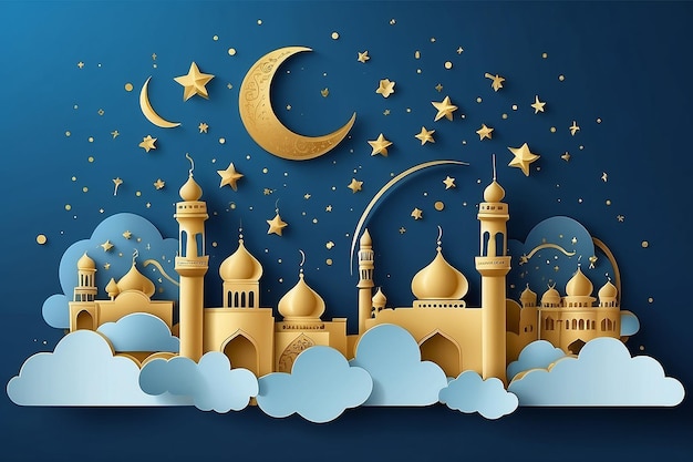 Ramadan Kareem Header de venda horizontal ou modelo de voucher com lua dourada 3d corte de papel nuvens e estrelas no céu noturno fundo azul