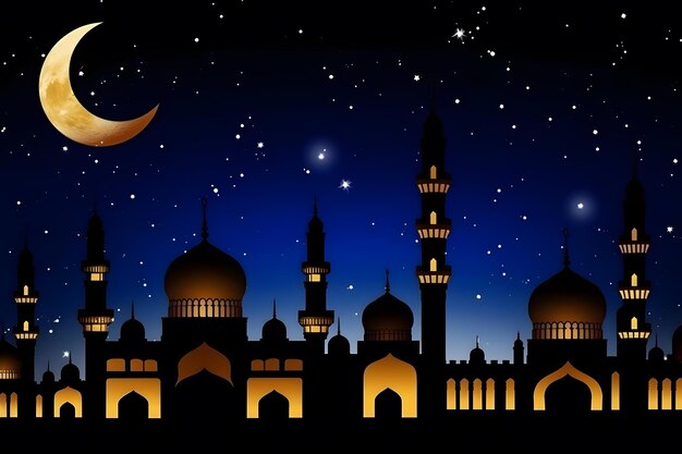 Ramadan-Kareem-Hintergrund, Halbmond an der Spitze einer Moschee, neuronales Netzwerk, das von der KI erzeugt wurde