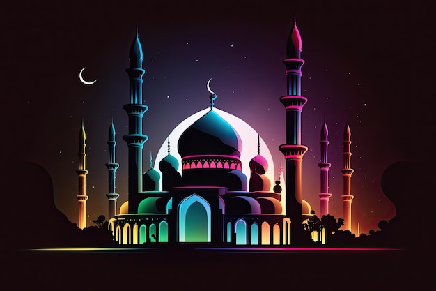 Ramadan Kareem Hintergrund in Neonfarben mit Moschee und Halbmond 3D-Rendering