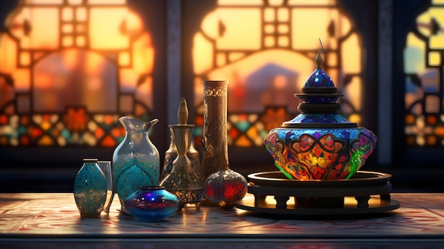 Ramadan Kareem-Hintergrund mit arabischen Laternen, Lampen und lebendigen Fenstern