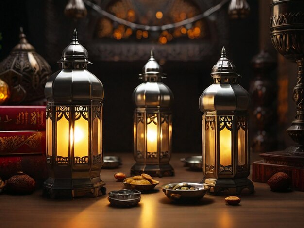 Ramadan Kareem Hintergrund Ramadan Kareem Grußkarte arabische Laternen und Daten auf dem Tisch