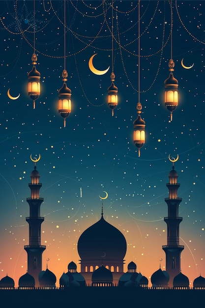 Ramadan Kareem Hintergrundbanner Islamische Grußkarten für muslimische Feiertage und Ramadan Blaues Banner mit Mond und Laterne