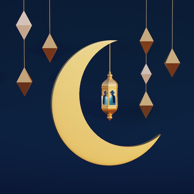 Ramadan kareem hintergrundbanner mit mond und laterne auf blauem hintergrund d-rendering