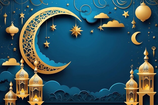 Ramadan Kareem Horizontal Sale Header oder Voucher Vorlage mit Gold Moon 3d Papierschnitt Wolken und Sterne am Nachthimmel Blauer Hintergrund
