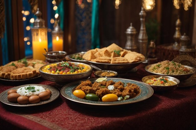 Ramadan kareem iftar mesa de festa com uma variedade de pratos árabes tradicionais festivos ar c