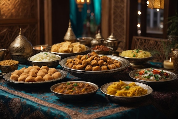 Ramadan kareem iftar mesa de festa com uma variedade de pratos árabes tradicionais festivos ar c