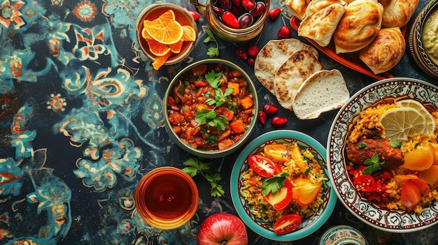 Ramadan kareem Iftar mesa de festa com uma variedade de pratos tradicionais árabes festivos