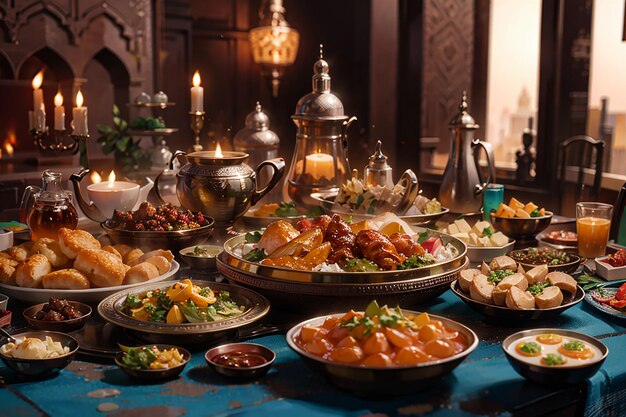 Ramadan kareem Iftar mesa de festa com uma variedade de pratos tradicionais árabes festivos