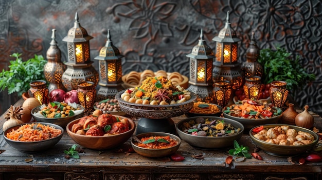 Ramadan kareem Iftar mesa de fiesta con una variedad de platos tradicionales árabes festivos dulces fechas