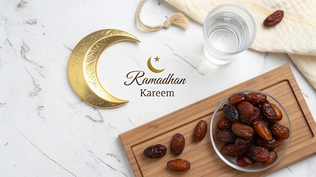 Ramadan Kareem imagen de negocios con decoración de luna dorada fechas vaso de agua y tela