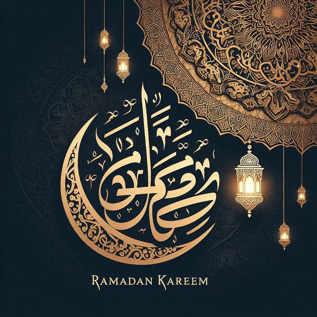 Ramadan Kareem in eleganter arabischer Kalligraphie mit traditionellen islamischen Kunstelementen