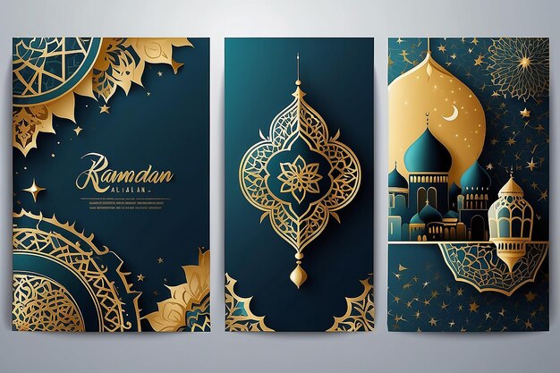 Ramadan Kareem Islamic Greeting Card Set para cartazes de papel de parede e banners de mídia Ilustrações vetoriais