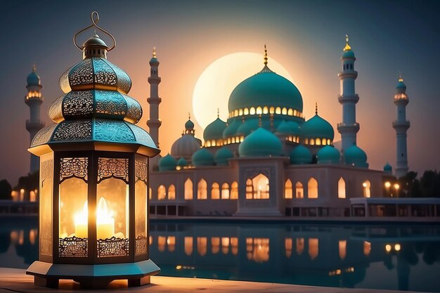 Ramadan Kareem islamisches Design Halbmond und Moschee Kuppel Silhouette mit arabischem Muster