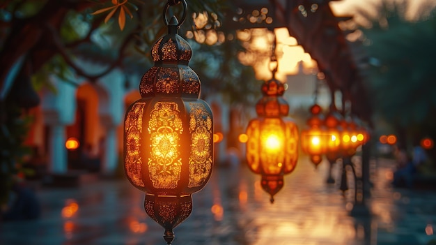 Ramadan Kareem Lanterna Árabe À Noite No Deserto Com Lua Crescente E Magia Brilhante
