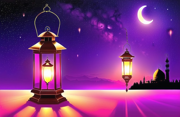 Ramadan Kareem Lanterns cultura islámica Festival Islámico de Ramzan Banner Mes sagrado Ai Generado
