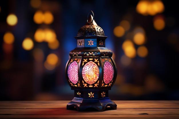 Ramadan-Kareem-Laterne auf Holztisch mit Bokeh-Hintergrund