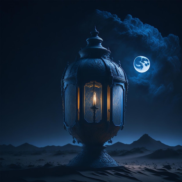 Ramadán kareem linterna árabe con luna creciente sobre fondo de cielo nocturno