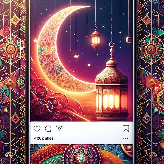 Ramadan kareem linterna instagram post historia diseño de ilustración con una hermosa media luna