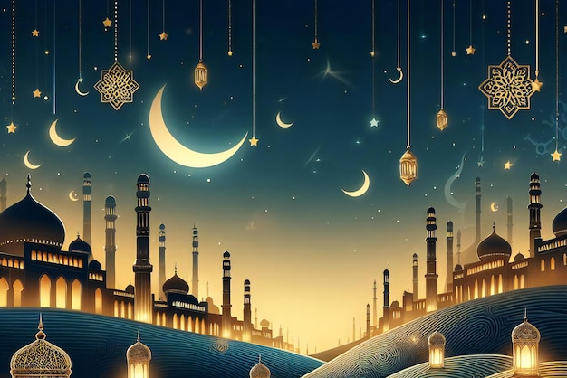 Ramadán Kareem linterna media luna tarjeta de felicitación para las fiestas musulmanas y árabes