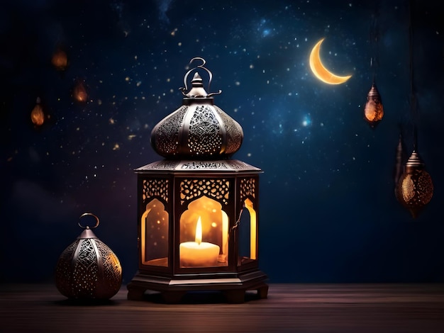 Foto ramadan kareem linterna con vela ardiente y cielo nocturno con luna creciente en el fondo