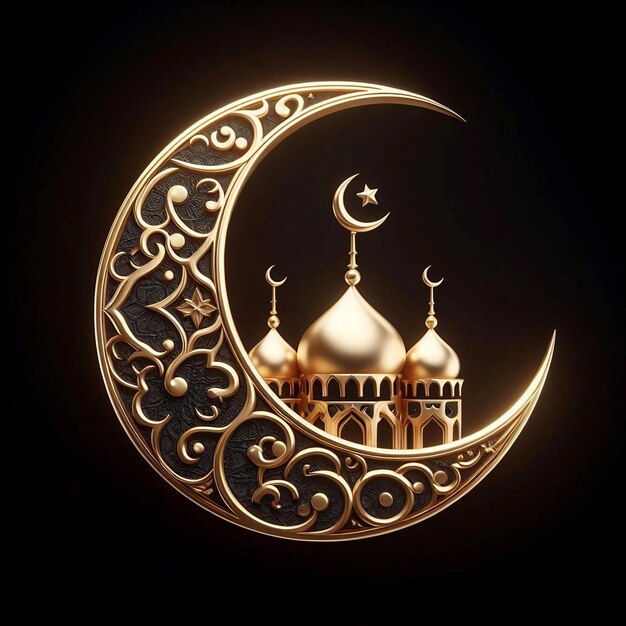 Ramadan Kareem Lua crescente islâmica fundo de decoração de ouro preto 3d render Ai generativo