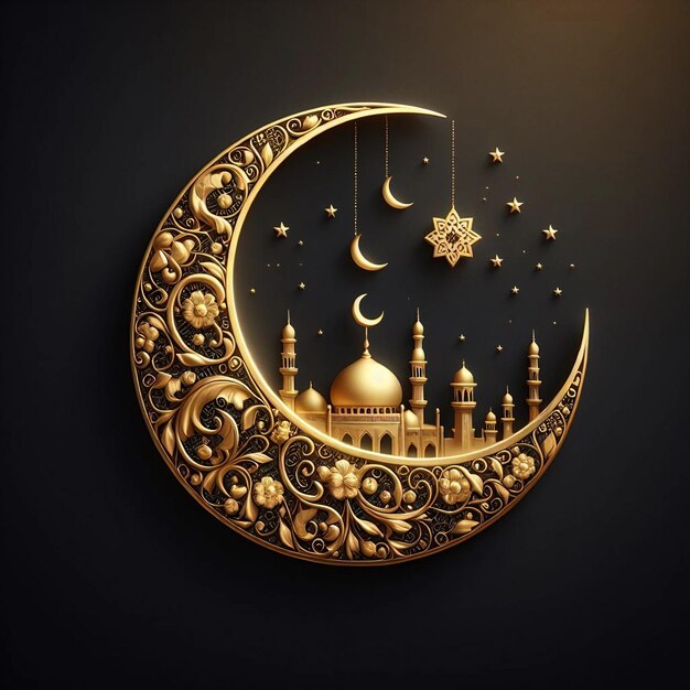 Ramadán Kareem luna creciente islámica decoración de oro negro fondo 3d renderizado Ai generativo