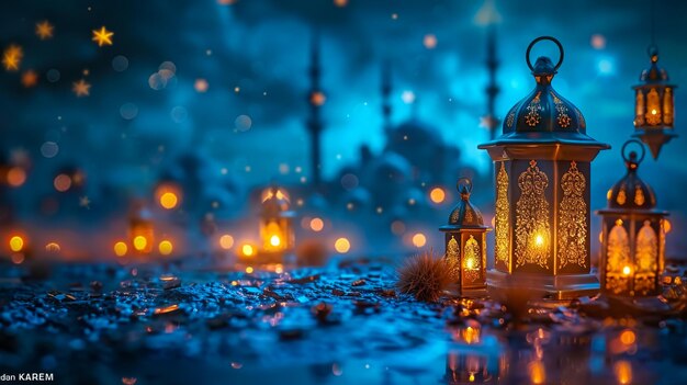 Ramadan Kareem Luna y linterna árabe con cielo azul en la noche con luces desenfocadas abstractas Eid Ul Fitr