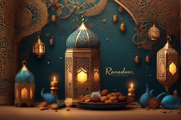 Ramadan kareem luxo realista pódio islâmico 3D fundo dourado marinho renderização 3D