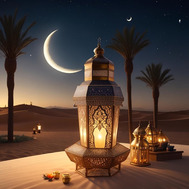 ramadan kareem luz de la lámpara con fechas en el desierto del árbol de fechas