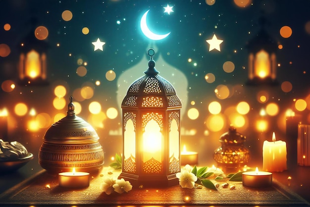 Ramadán Kareem media luna y estrellas linterna islámica para el Eid Mubarak tarjeta de presentación de saludos