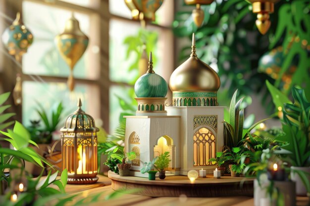 Ramadan Kareem con una mezquita en miniatura en una mesa de madera con plantas