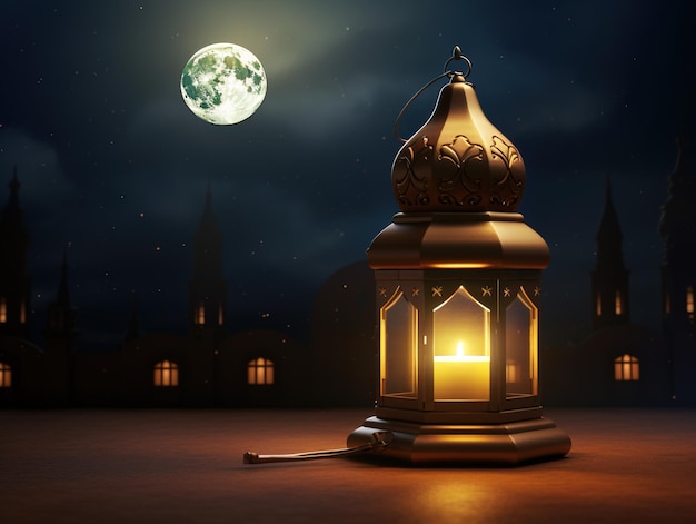 Ramadan Kareem mit goldenem Mond und Laterne