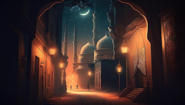 Ramadan Kareem mit Moschee und Laternen im Hintergrund