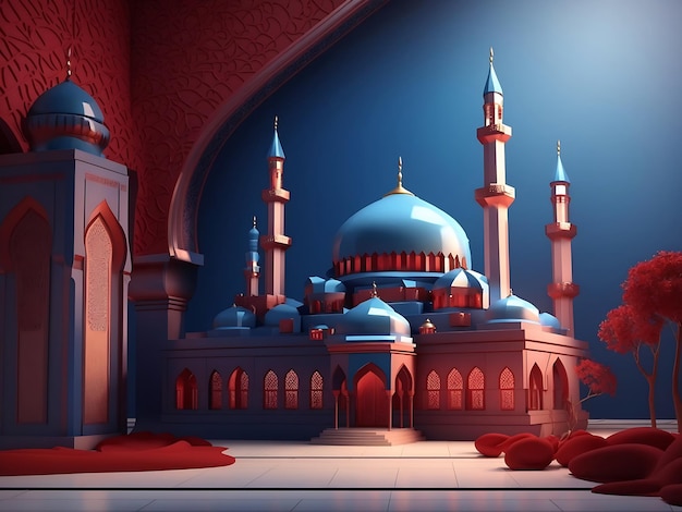 Ramadan Kareem mit ruhiger Moschee 3D-Rendering Generative Ai