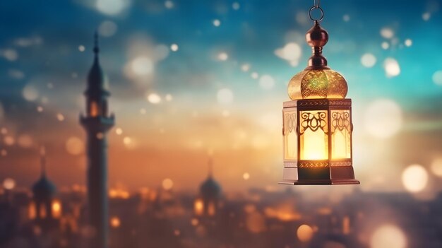 Ramadan-Kareem-Monat mit leuchtender Laterne auf dem Hintergrund der Altstadt mit Moschee