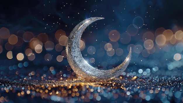 Ramadan Kareem Moon en el brillo brillante con luces desenfocadas abstractas