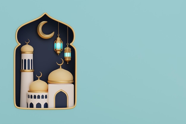 Ramadán Kareem o Eid Al Adha mubarak con luna creciente de oro de mezquita y linterna festival islámico musulmán representación 3d