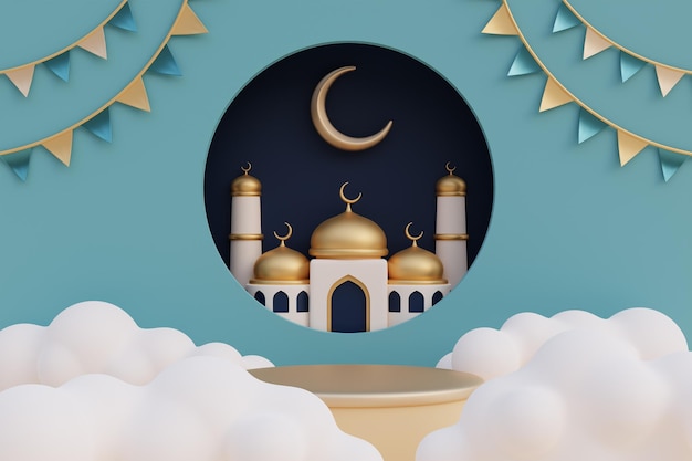 Ramadán Kareem o Eid Al Adha mubarak con luna creciente de oro de mezquita y representación 3d del festival islámico musulmán de nubes