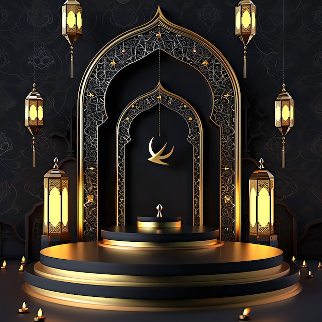 ramadan kareem oscuro 3d render podio con fondo de lujo