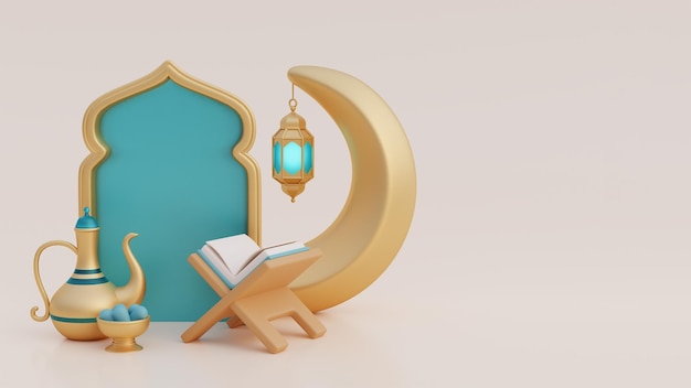 Ramadan Kareem ou Eid Al Adha mubarak com lanterna de lua crescente de ouro pote de café datas secas santo alcorão muçulmano festival islâmico renderização em 3d
