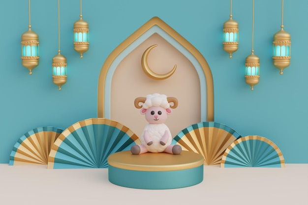 Ramadan Kareem ou Eid Al Adha mubarak com lanterna de ouro de ovelha de desenho animado bonito e lua crescente festival islâmico muçulmano renderização em 3d