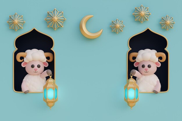 Ramadan Kareem ou Eid Al Adha mubarak com lanterna de ouro de ovelha de desenho animado bonito e lua crescente festival islâmico muçulmano renderização em 3d