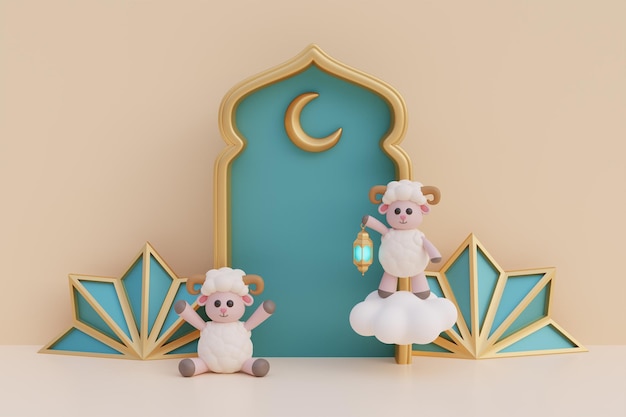 Ramadan Kareem ou Eid Al Adha mubarak com lanterna de ouro de ovelha de desenho animado bonito e lua crescente festival islâmico muçulmano renderização em 3d