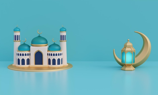 Ramadan Kareem ou Eid Al Adha mubarak com mesquita e lanterna de lua crescente dourada renderização em 3d do festival islâmico muçulmano