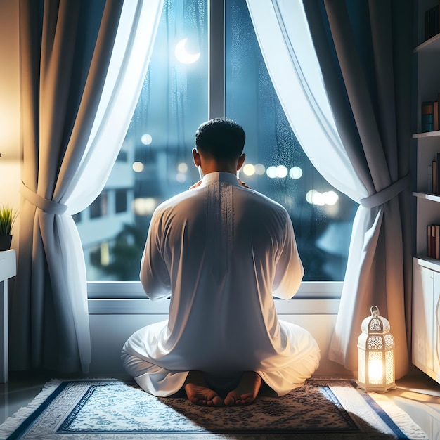 Ramadán Kareem rezar Eid Mubarak musulmán Islam oración hombre en la noche iftar ayuno en la ventana de la casa